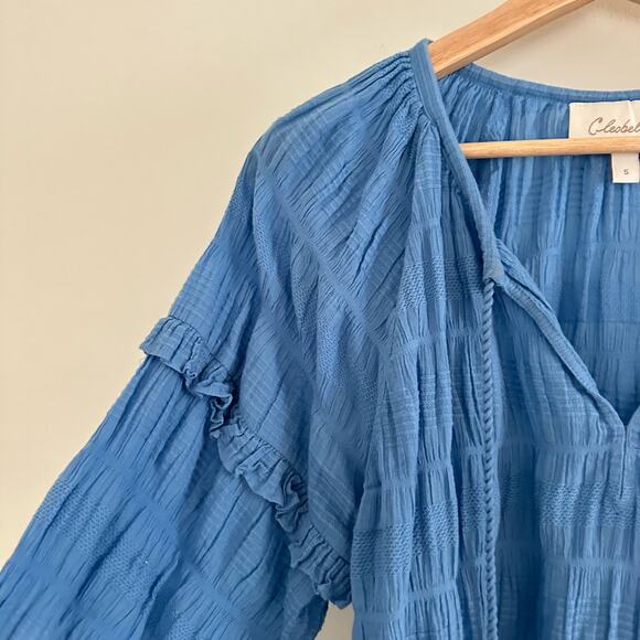 Cleobella Azariah Long Sleeve Smocked Split Neck Blouse Blue S - Picture 6 of 12